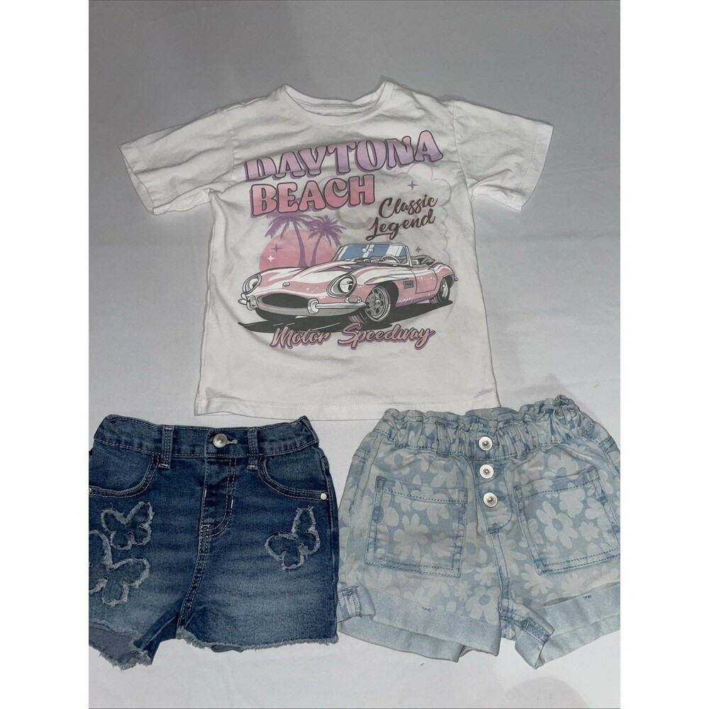 Wonder Nation Girls Lot 4T Shorts Butterfly Floral Denim Tee Daytona Beach 3pc